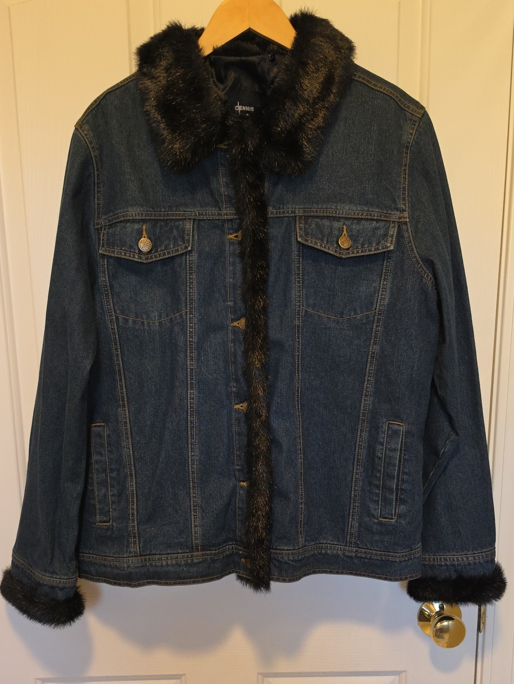 dennis basso Dark Blue Denim Jacket with Black Faux Fur Trim